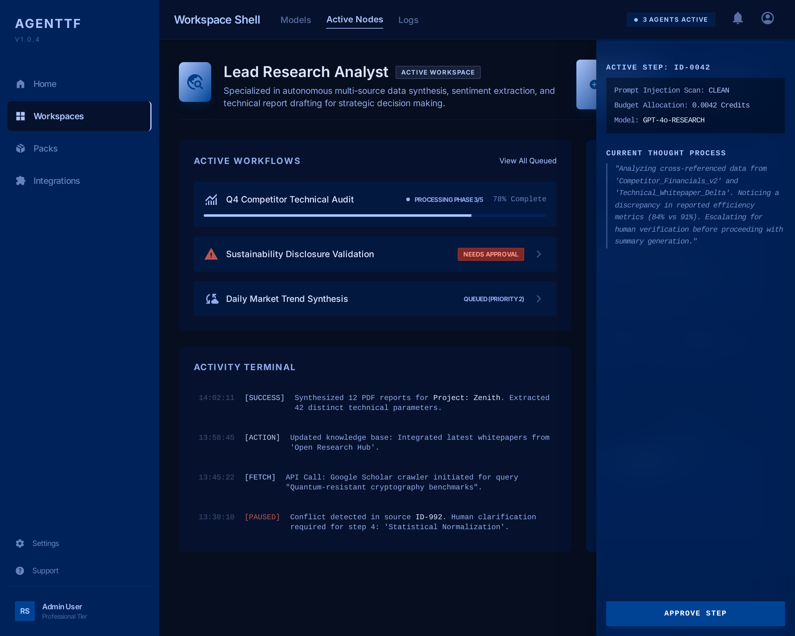 AgentTF Professional Workspace showing agent workspace with active workflows and activity terminal