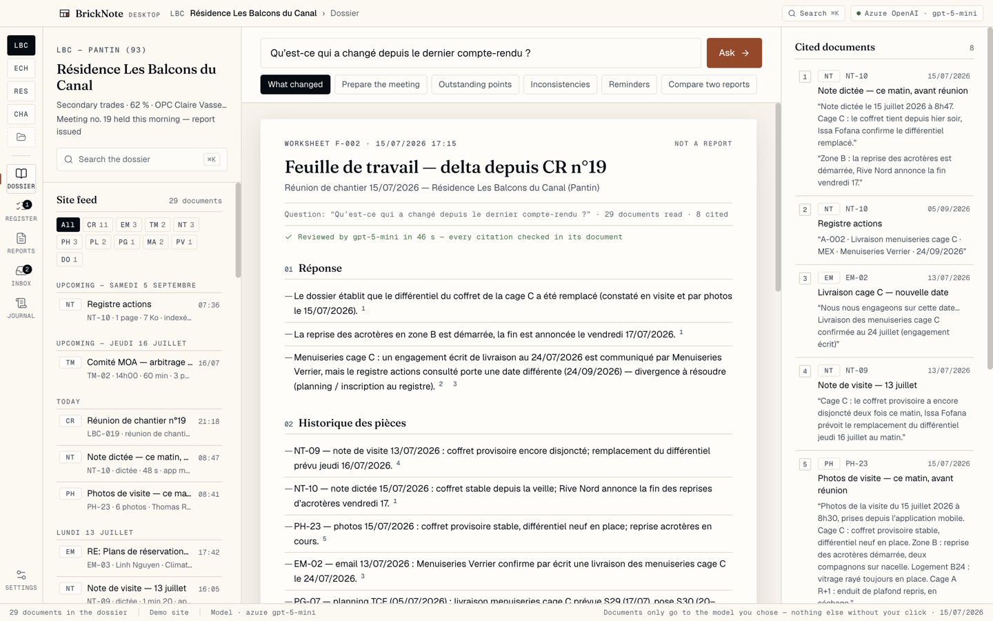 BrickNote Desktop on the demo chantier — the worksheet “Feuille de travail — delta depuis CR n°19” answered from the folder by gpt-5-mini in 46 seconds, every citation checked in its document, eight cited documents listed in the right margin
