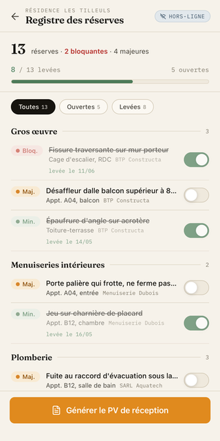 Prouvo running on iOS — Snagging & réception, on-device.