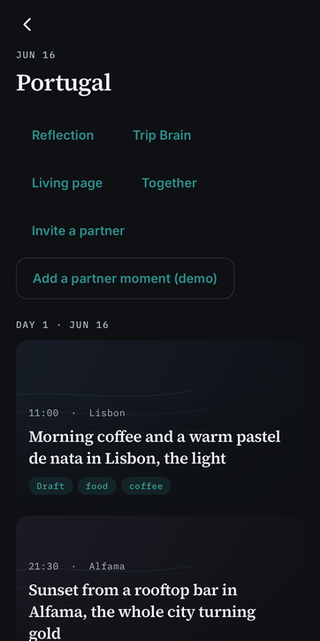 Woleta running on iOS — The AI travel companion.
